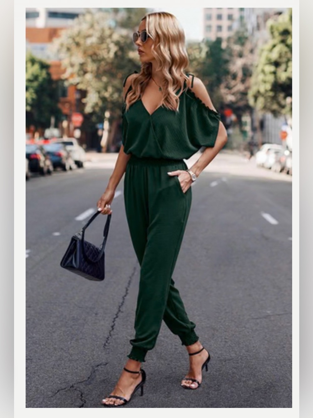 Cold-Shoulder V-Neck Jumpsuit in Forest Green